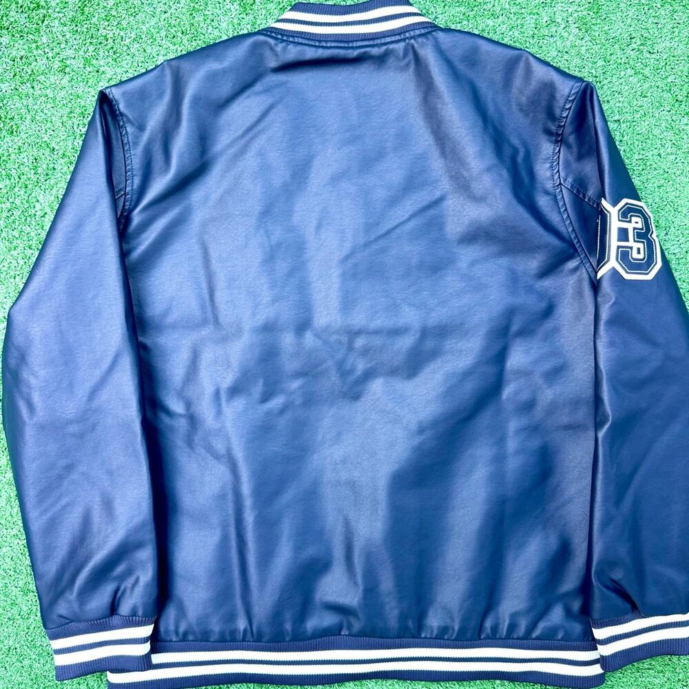 Stone Falcon Navy Blue Faux Leather Varsity Bomber Jacket 03 New With Tags - Picture 5 of 5